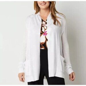 Liz Claiborne Cardigan Sweater Womens White Open Front Ribbed Knit Pockets NWT